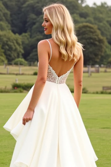 Chiffon A Line Ruffle Ivory Wedding Dress with Lace
